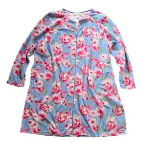 Stan Herman Zip Front Robe Housecoat Pajama Women 2X Blue Floral Plush Fleece